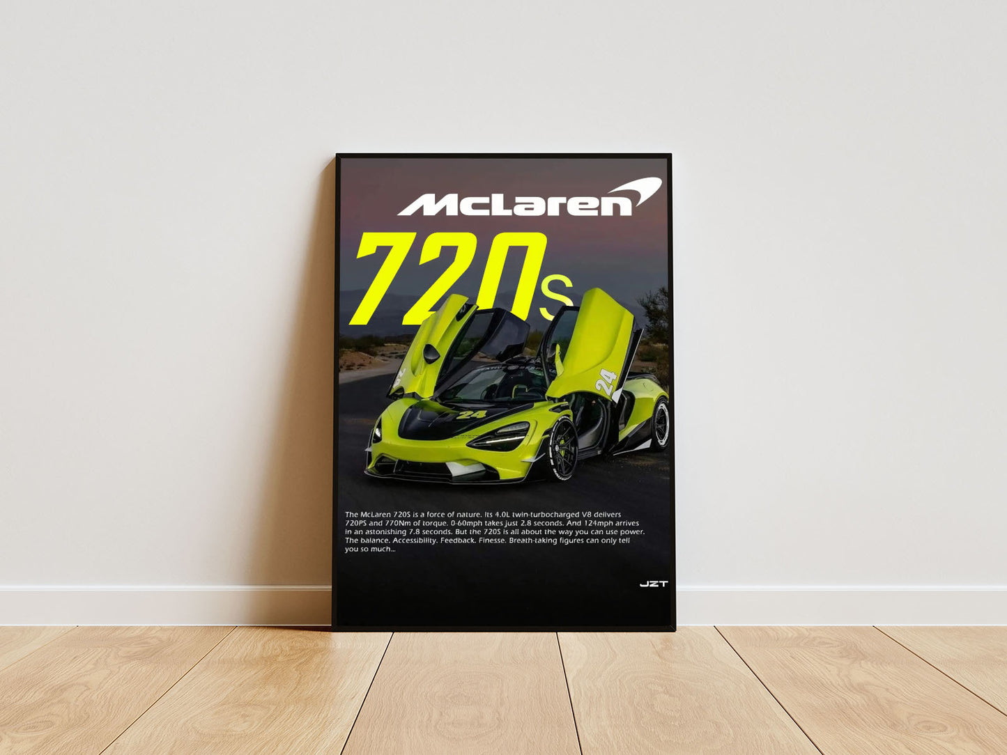 Close-up Poster mit Rahmen von Mclaren 720 mit überschrift und beschreibung mit Natur im Hintergrund  in türkis grün gelb weiß schwarz