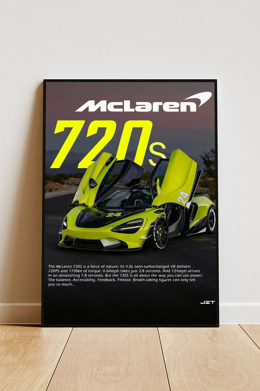 Close-up Poster mit Rahmen von Mclaren 720 mit überschrift und beschreibung mit Natur im Hintergrund  in türkis grün gelb weiß schwarz