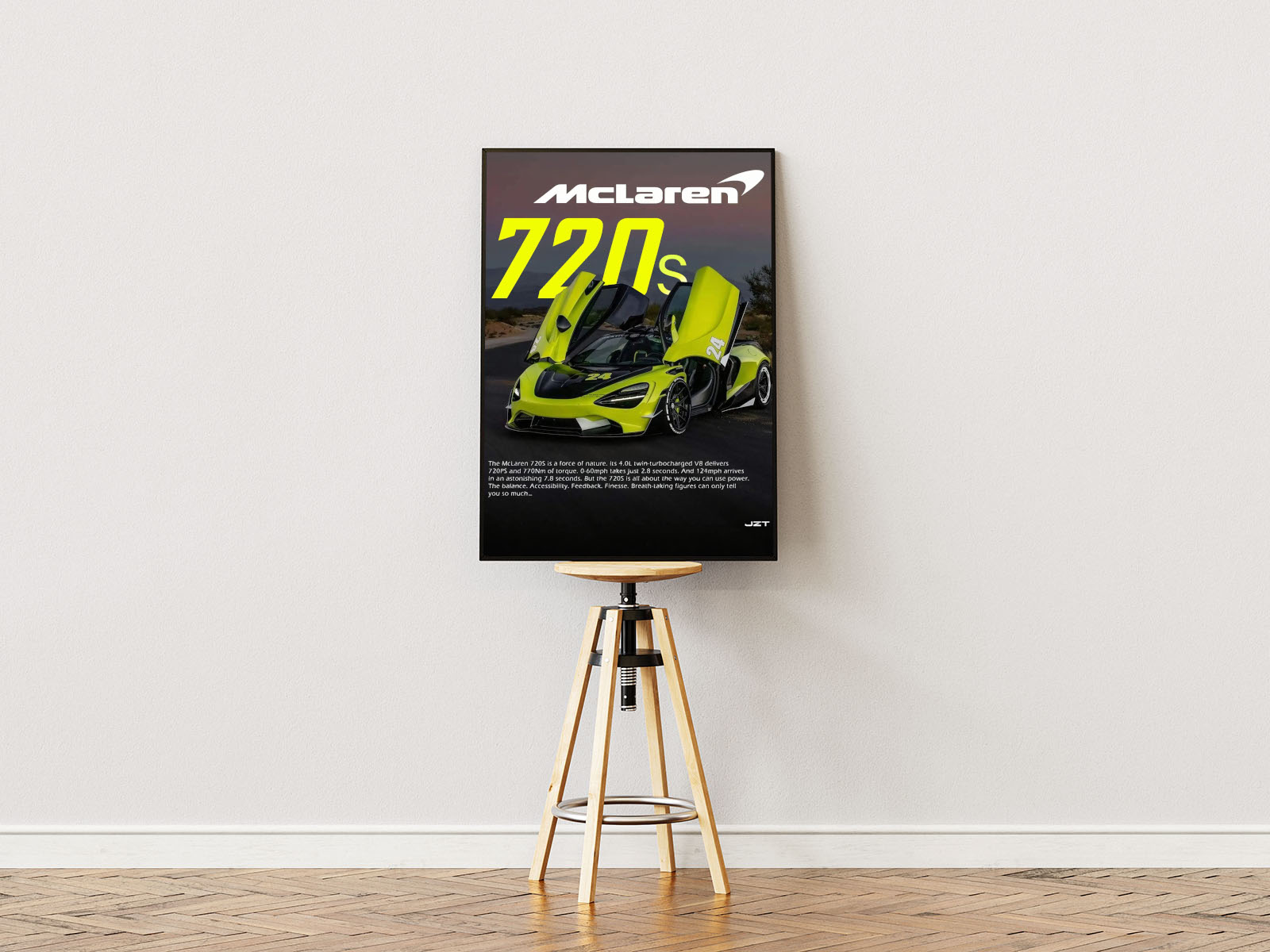 Poster ständer Poster mit Rahmen von Mclaren 720 mit überschrift und beschreibung mit Natur im Hintergrund  in türkis grün gelb weiß schwarz