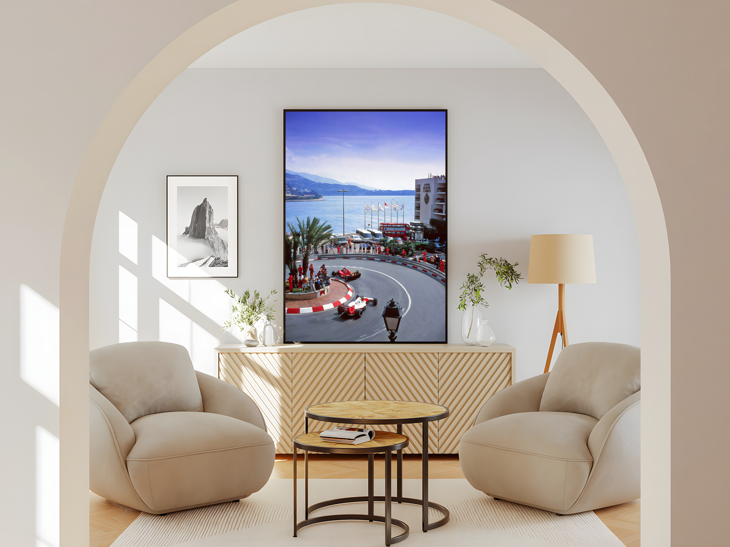 Wohnzimmer  Poster mit Rahmen Monaco Formel 1 Rennen mit Formel 1 Autos und meer im hintergrund Autor fahren um kurve blau rot weiß grau