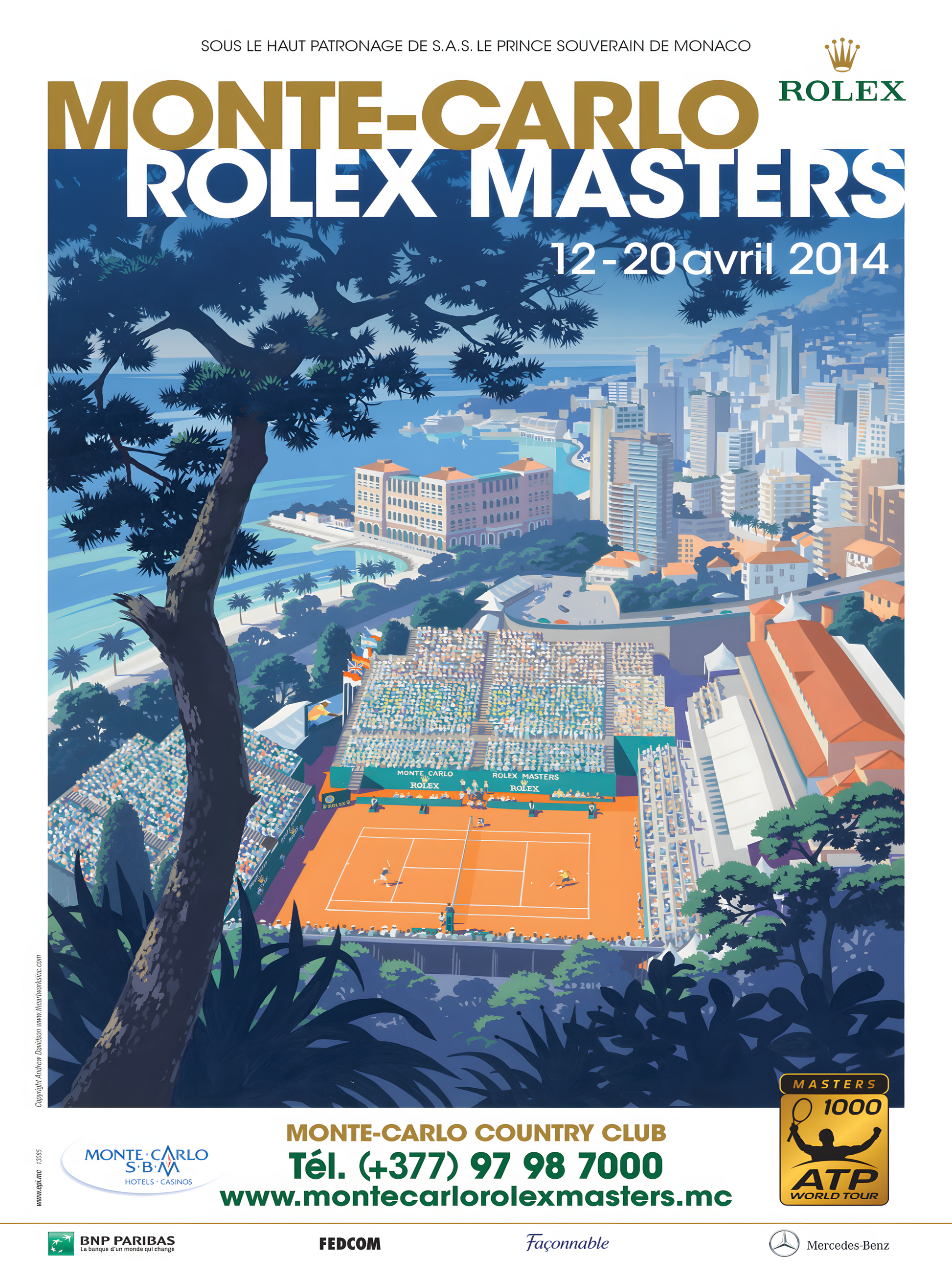 nahaufnahme  Poster mit Rahmen von Vogelperspektive Tennisplatz in monaco  in tennisstadium mit publikum und baum im vordergrund mit beschreibung und überschrift in weiß gold orange blau