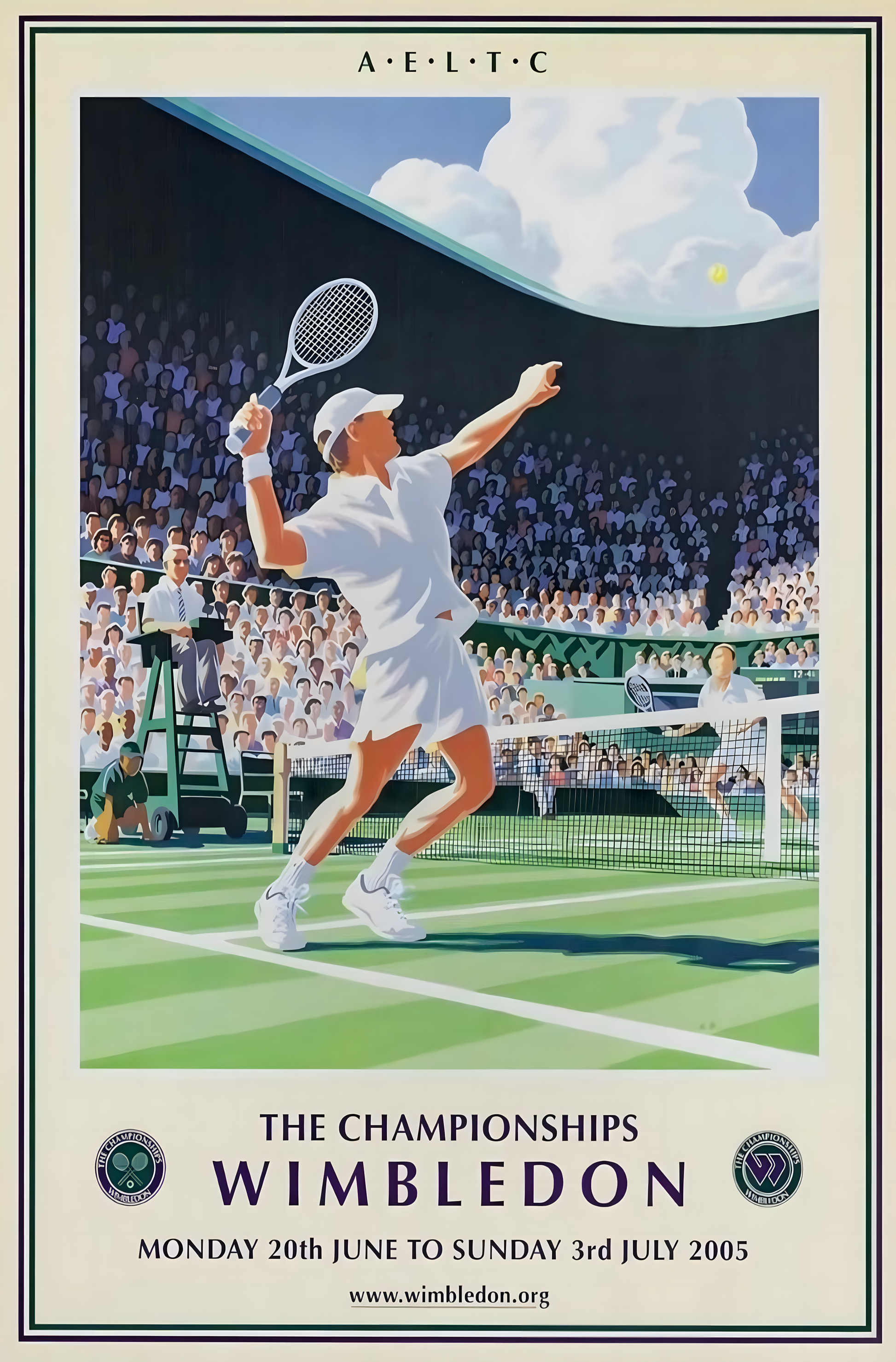 Nahaufnahme Poster mit Rahmen Tennisspieler im Tennisstadium mit Publikum auf Tennisplatz im gezeichneten Vintage Stil mit beschriftung und beiger umrandung beige grün weiß schwarz