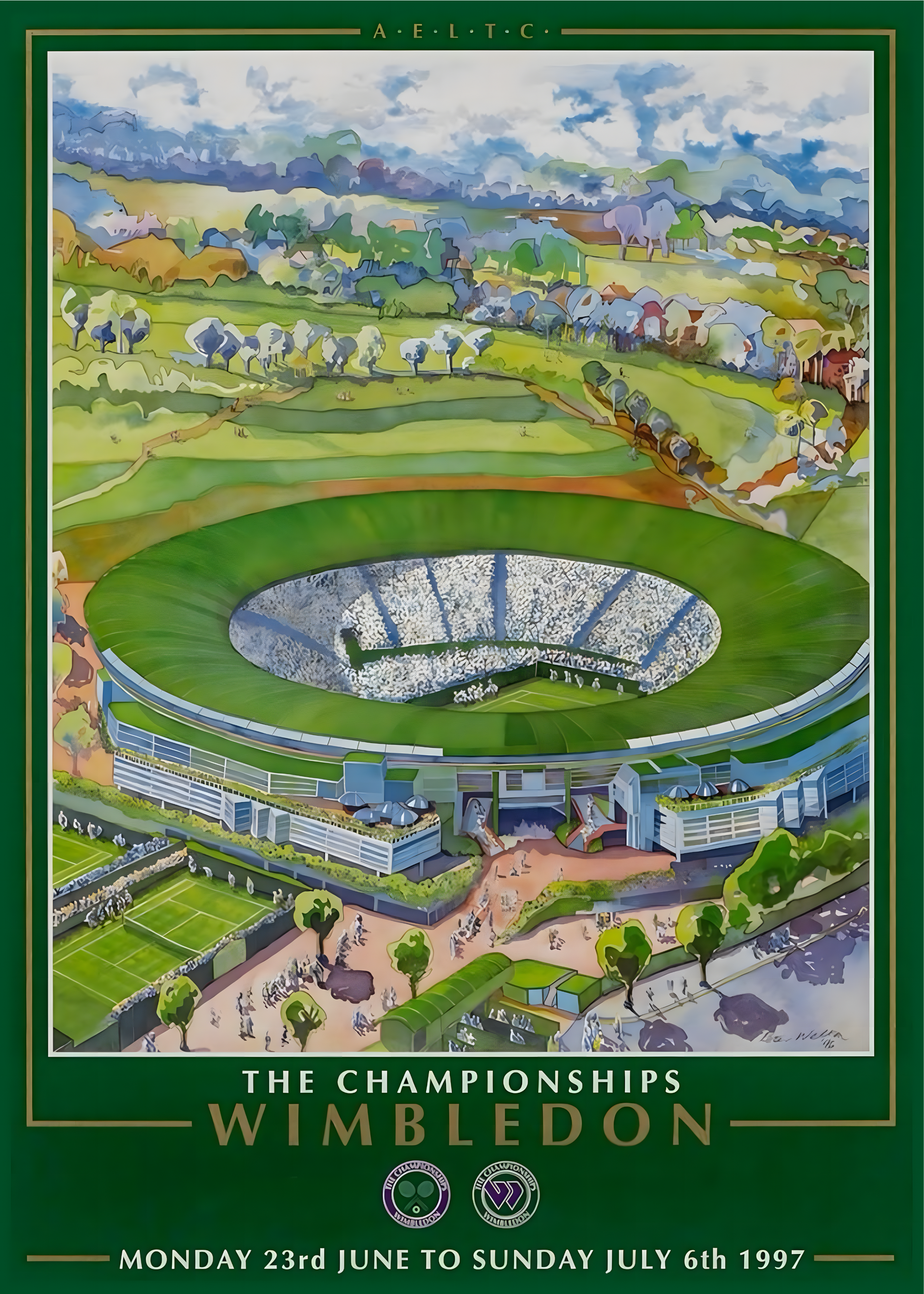 nahaufnahme  Poster mit Rahmen von Tennisstadium im gezeichneten Vintage Stil mit Landschaft beschreibung und beschriftung und Tennisplatz aus Vogelperspektive grün weiß blau 