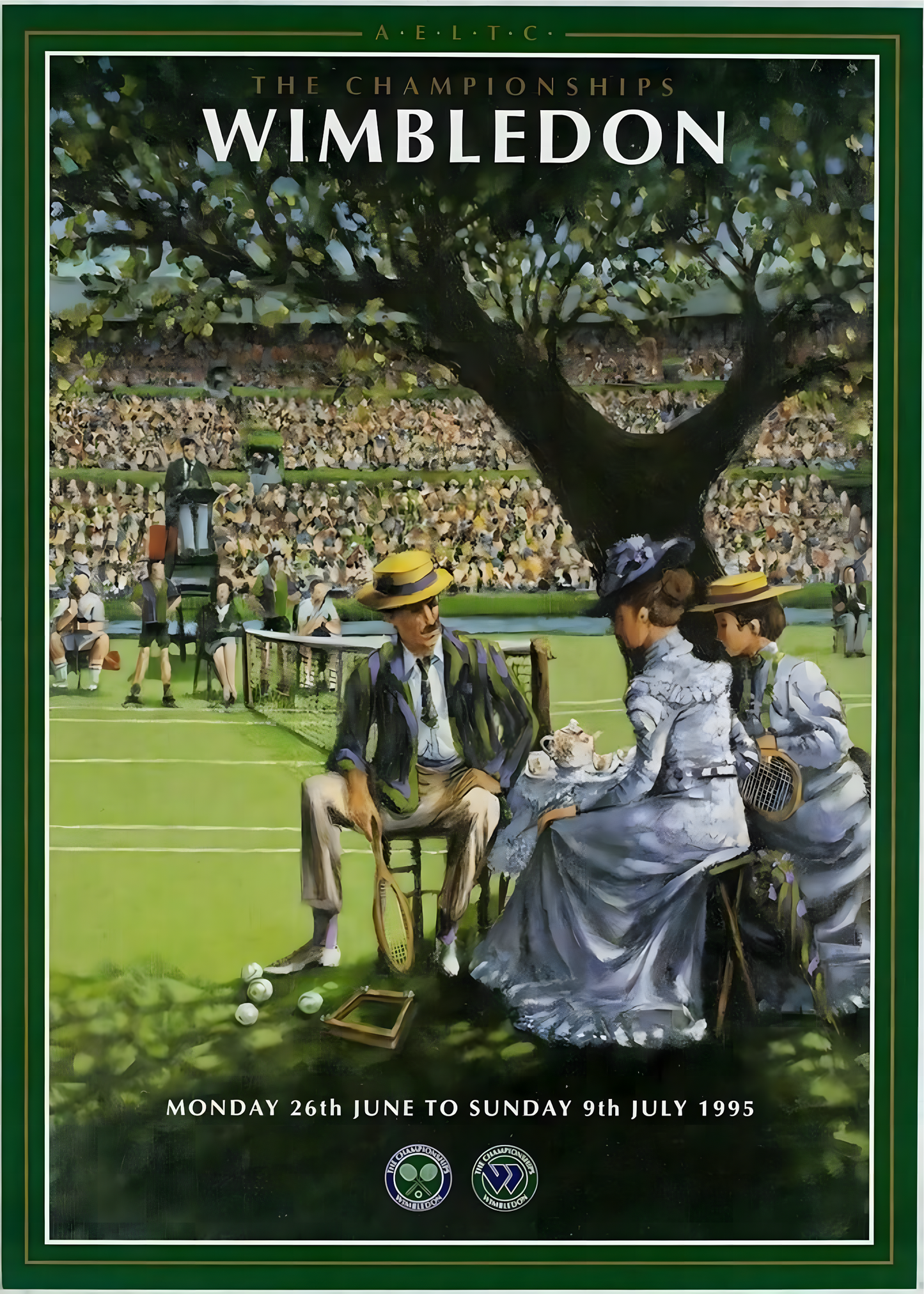 nahaufnahme  Poster mit Rahmen Vintage Tennisplatz in tennisstadium mit publikum und Baum und Picknick am Baum mit Beschriftung und grüner umrandung, beige schwarz grün