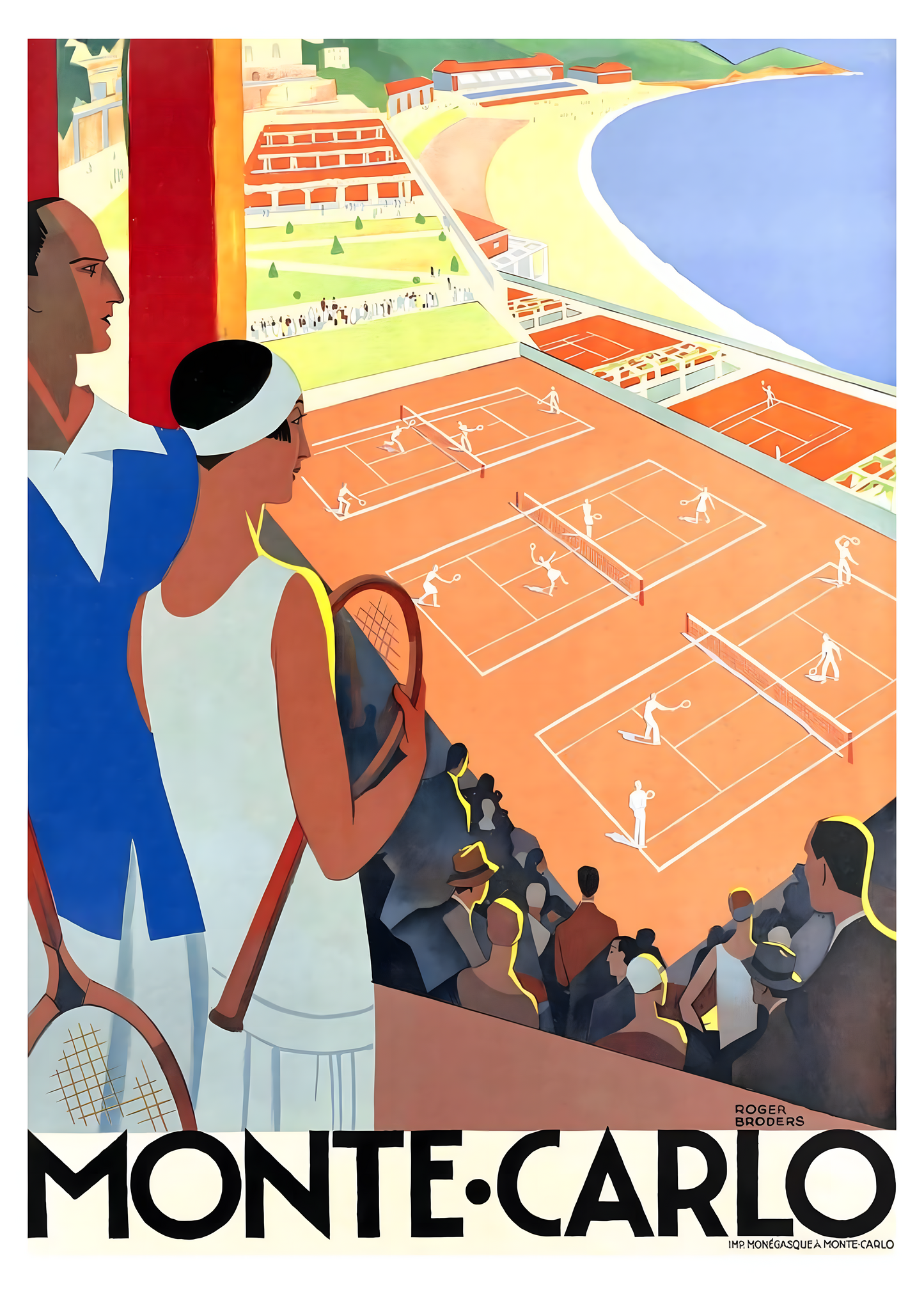 Nahaufnahme Poster mit Rahmen von Tennisplatz in Monaco mit Spruch und Tennisspieler in orange, weiß und blau