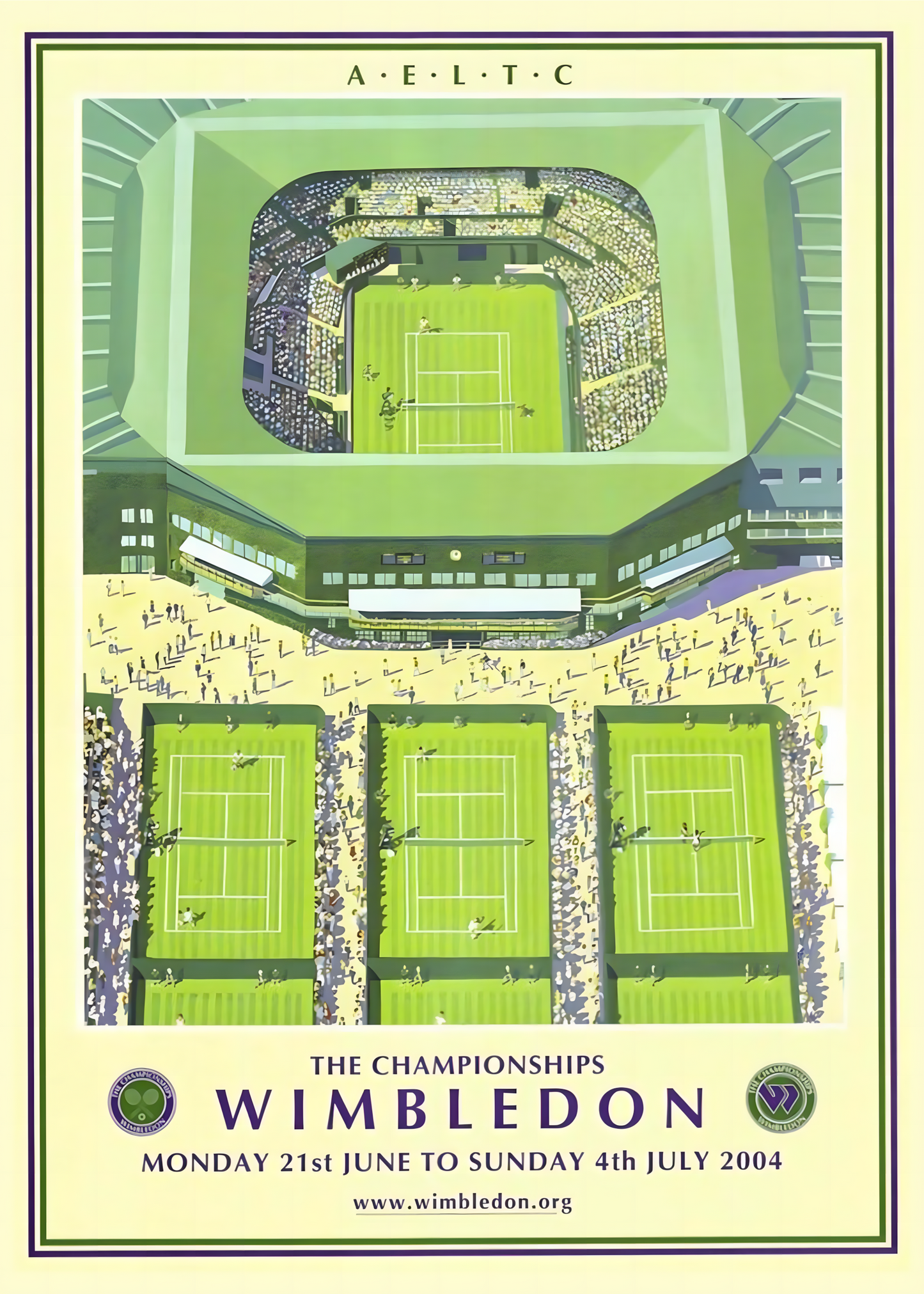 Nahaufnahme  Poster mit Rahmen Wimbledon Tennis Stadium aus der Vogelperspektive und Tennismatch in grün und beige