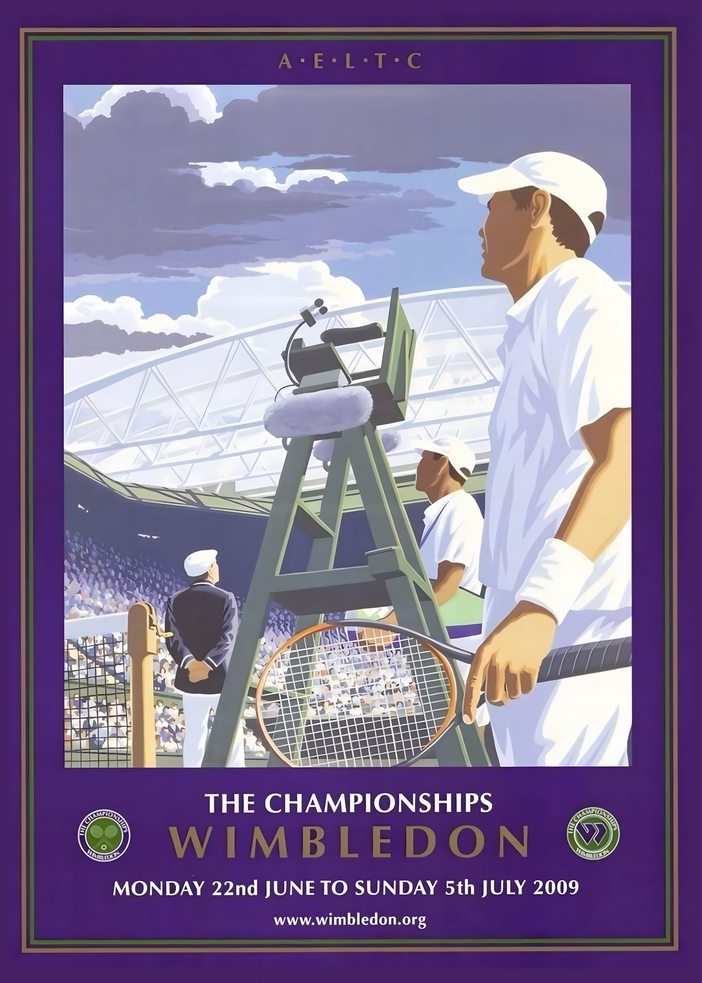 Nahaufnahme Poster mit Rahmen Tennisspieler in Tennisstadium mit Publikum und wolken und beschriftung im gezeichneten Vintage Stil violett weiß beige