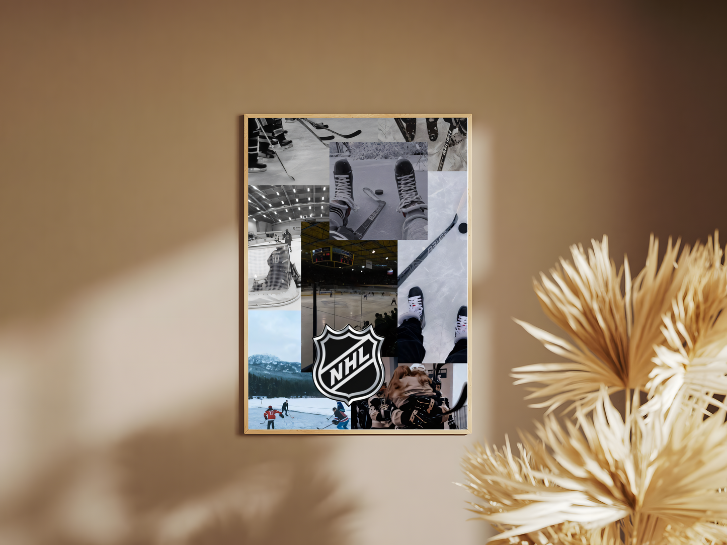 Holzrahmen  Poster mit Rahmen NHL Logo mit Collage mit verschiedenen Hockey Bildern blau schwarz grau weiß