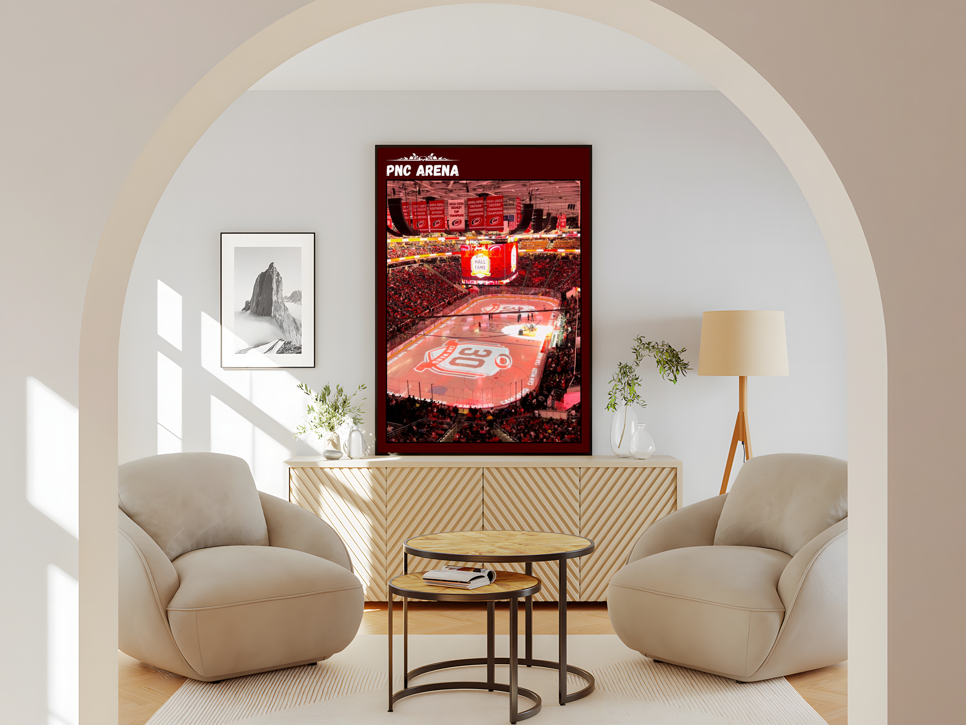 Wohnzimmer Poster mit Rahmen von Eishockeyarena und Eishockeystadium mit Eishockeyplatz und Publikum in Rot Weiß