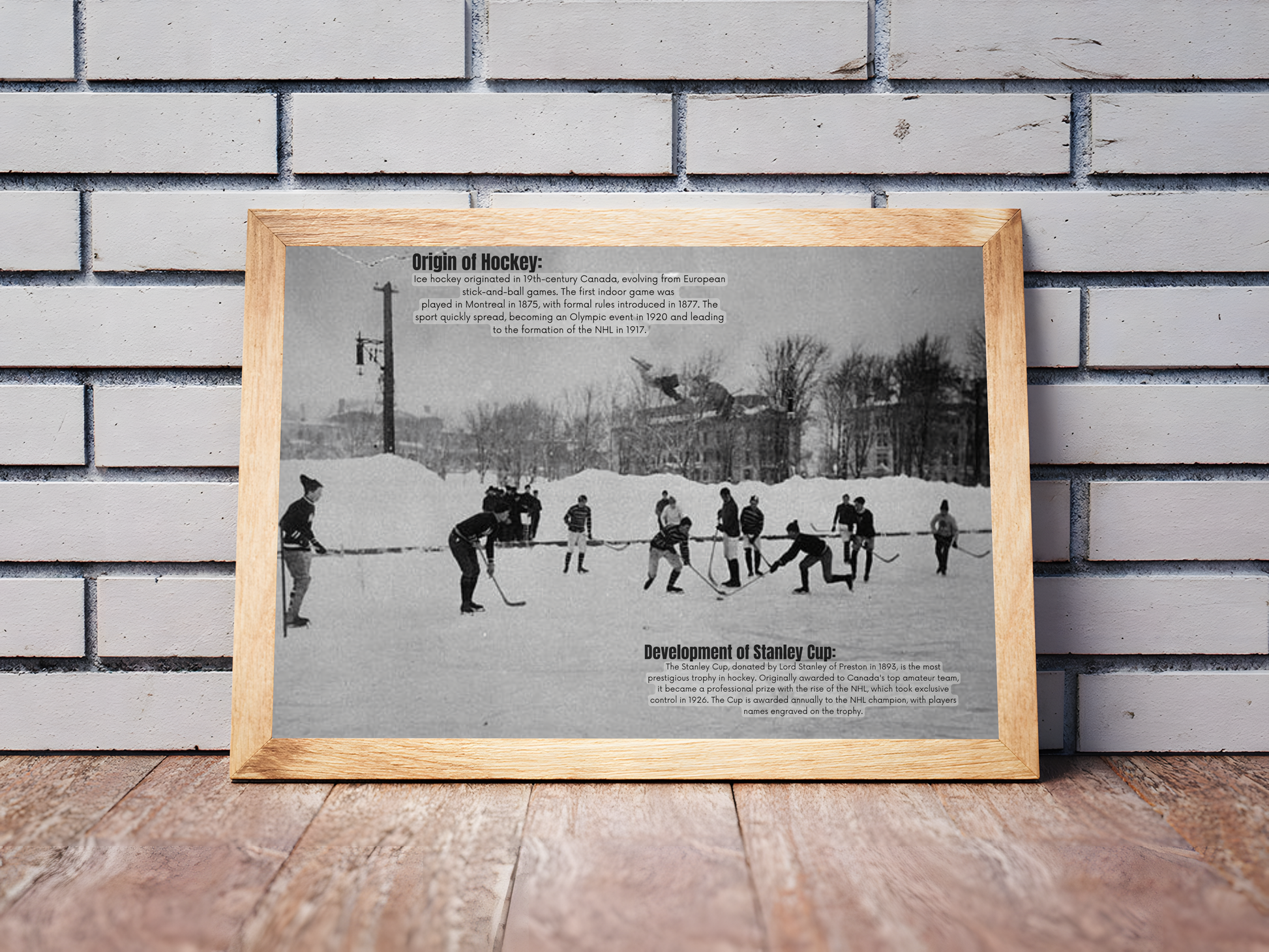 Holzrahmen Poster mit Rahmen Vintage alte Aufnahme von Hockeyspiel auf Hockeplatz in der Stadt hintergrund gebäude und beschriftung der Geschichte von Eishockey schwarz weiß grau