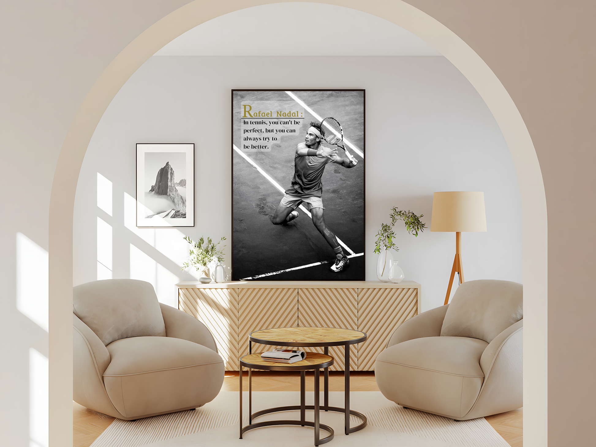 Wohnzimmer Poster mit Rahmen von Rafael Nadal beim Tennisspielen mit motivationsspruch und überschrift Bild in Grau