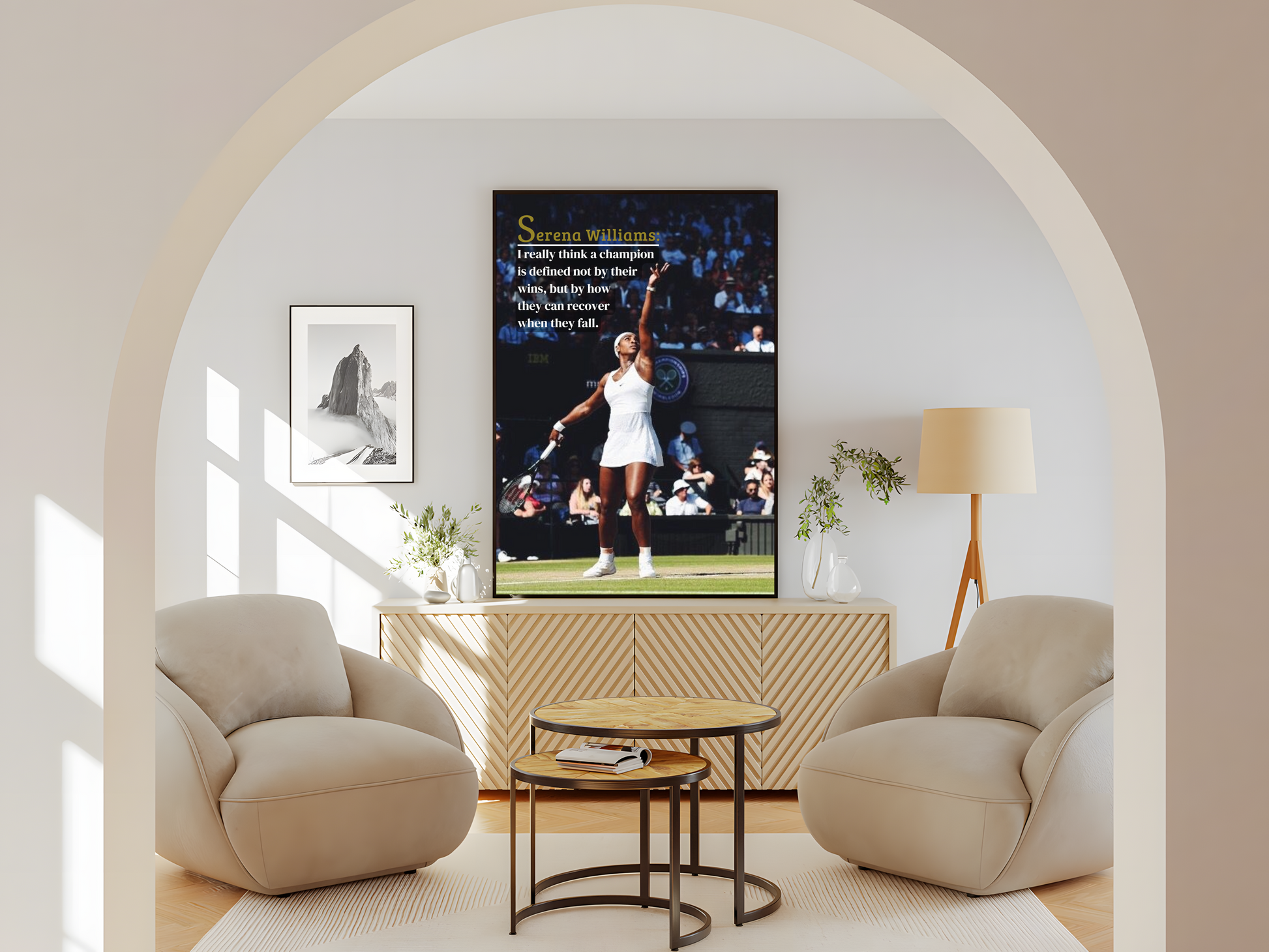 Wohnzimmer Poster mit Rahmen von Tennispieler Serena Williams im Tennisstadium auf Tennisplatz mit motivierenden Zitat und Spruch grün blau weiß schwarz