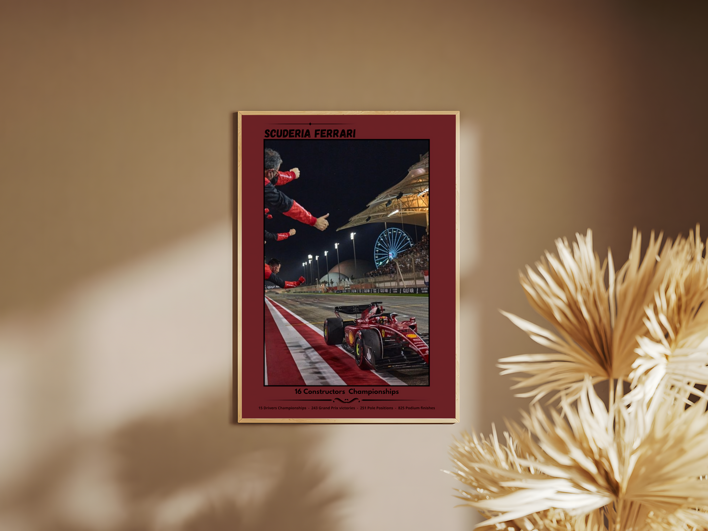 Holzrahmen Poster mit Rahmen Ferrari F1 Team Poster mit Formel 1 Auto und rennstrecke und Formel 1 Team mit beschriftung und roter umrandung in rot schwarz