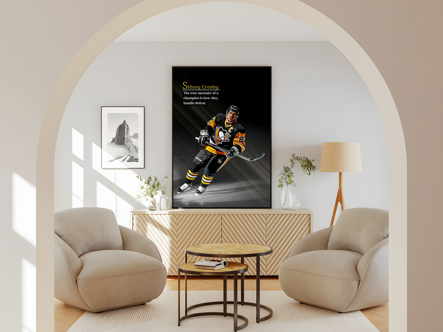 Wohnzimmer  Poster mit Rahmen Eishockeymannschaft im Eishockeystadium auf Eishockeyplatz mit Überschrift in blau und weiß