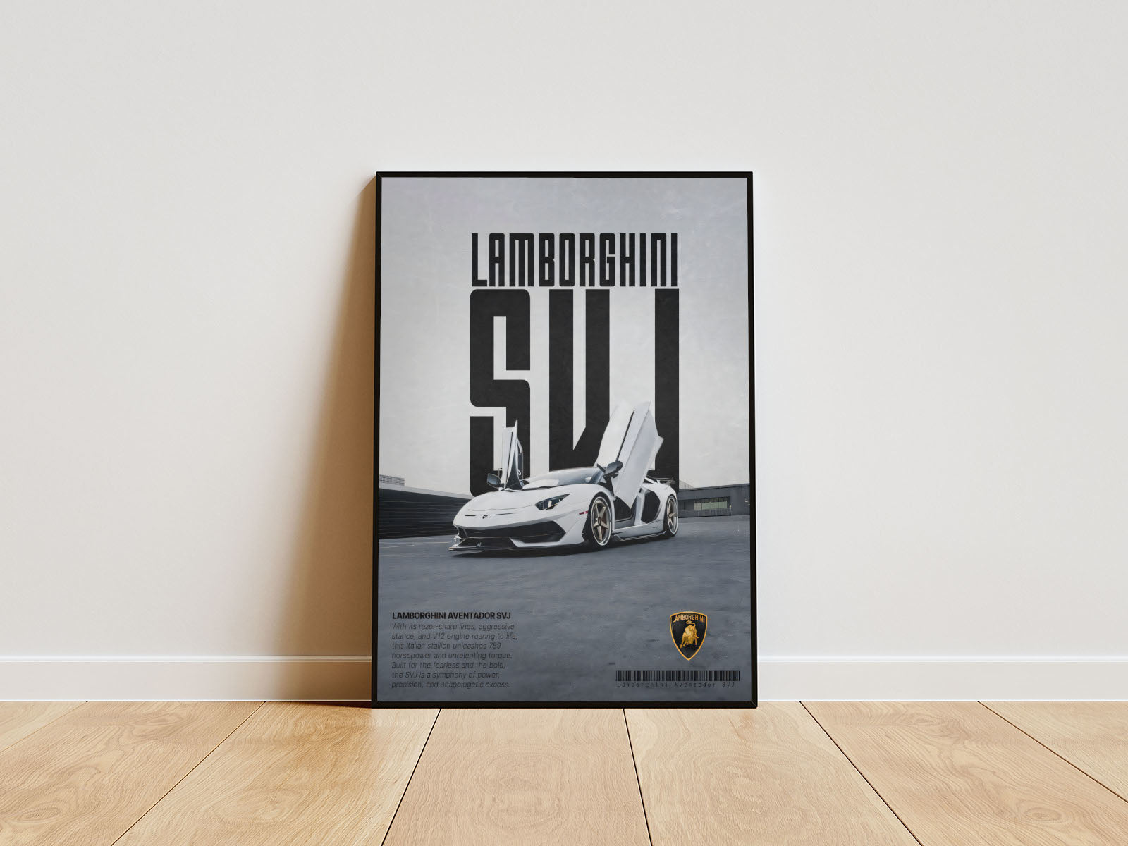 Close-up Poster mit Rahmen von Lamborghini SVJ mit überschrift und beschriftung und Logo weißes Auto graueer hintergrund silber