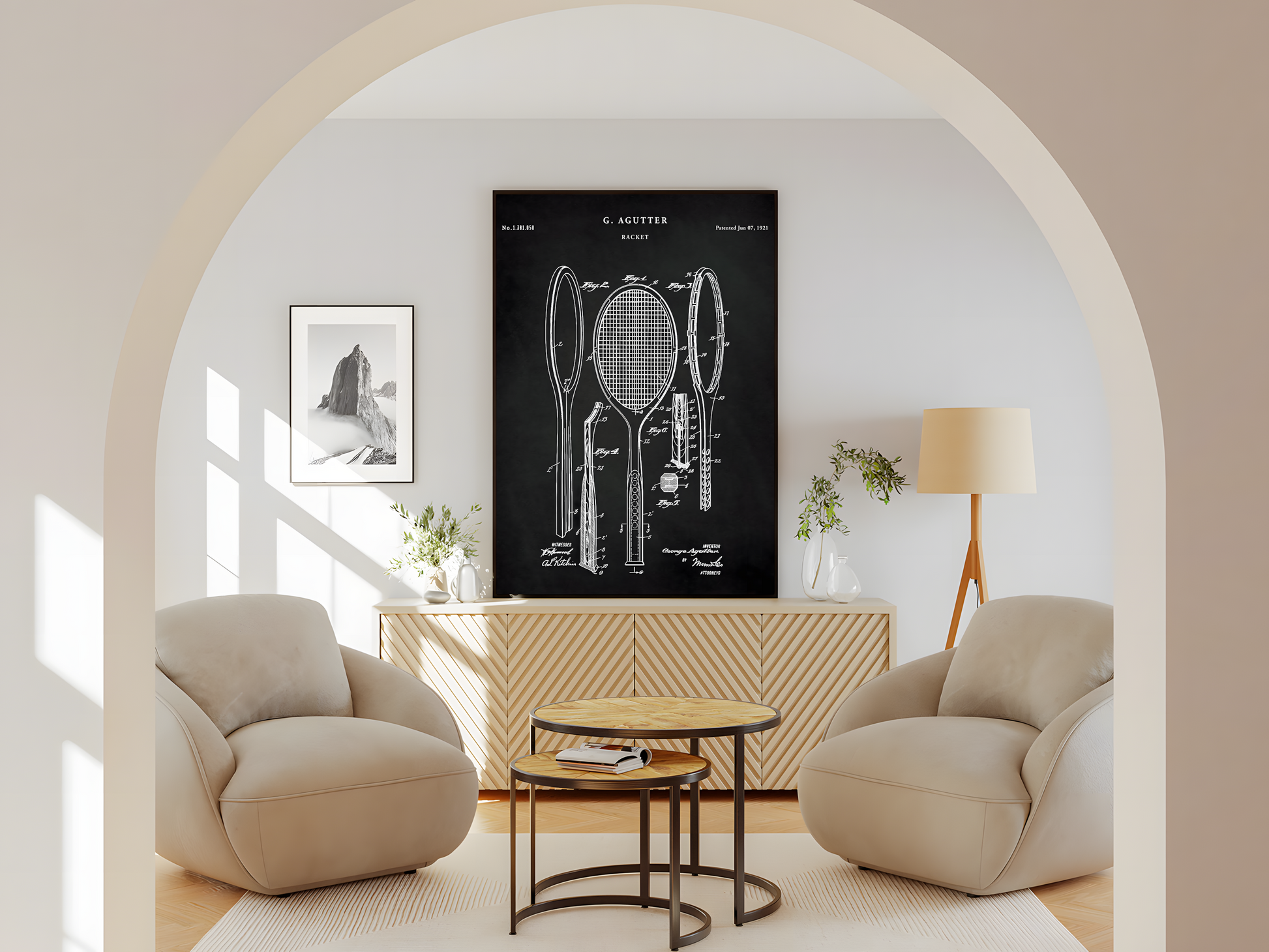 Wohnzimmer Poster mit Rahmen Tennis Schläger gezeichnet in verschiedenen Winkeln weiße zeichnung auf schwarzen hintergrund