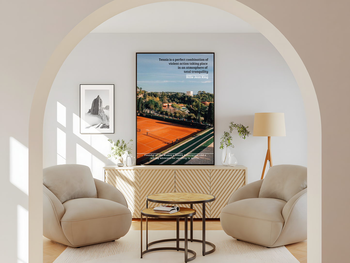 Wohnzimmer Poster mit Rahmen eine landschaft mit Orangen Tennisplatz und blauen Himmle in grün mit schwarzer schrift