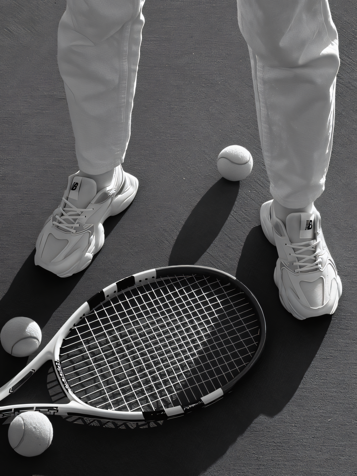 Nahaufnahme  Poster mit Rahmen tennisschläger mit tennisbällen auf tennisplatz mit tennisspieler in Grau und Weiß