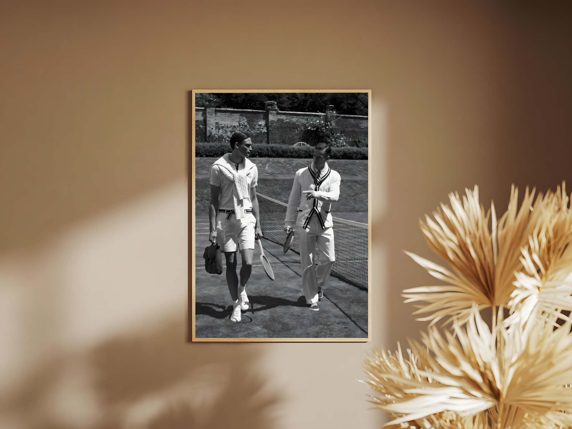 Holzrahmen Poster mit Rahmen auf Tennisplatz mit 2 Tennisspielern im Vintage Stil in grau weiß schwarz