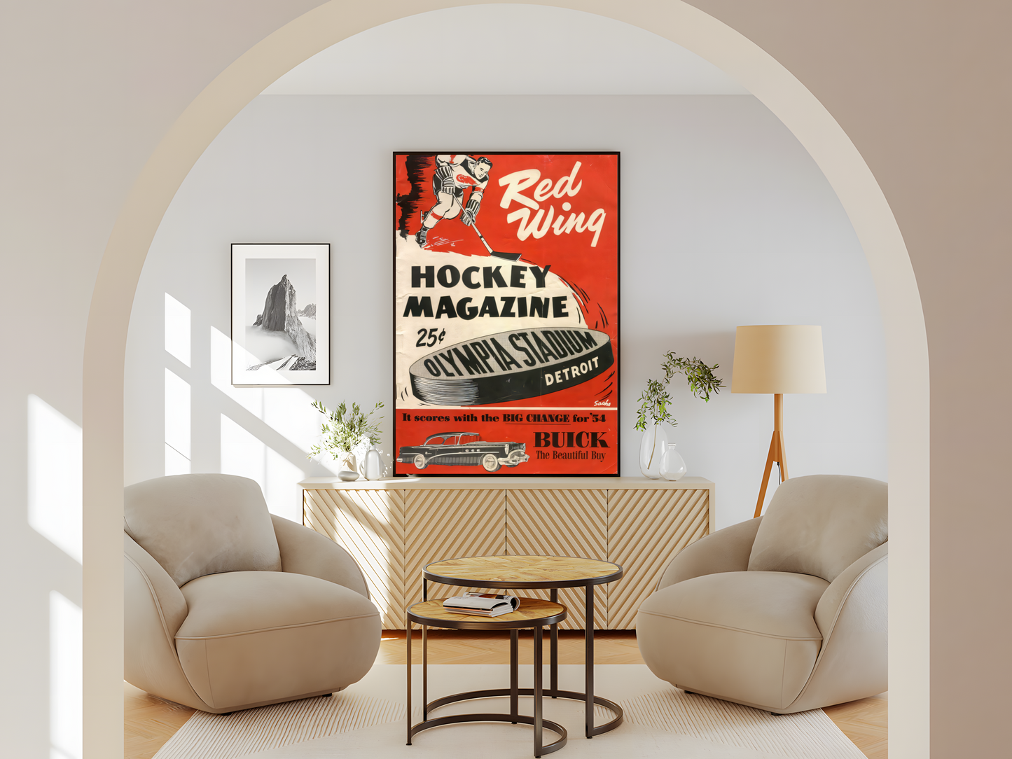 Wohnzimmer  Poster mit Rahmen Vintage Hockey Zeitungsartikel mit Hockey Scheiben von Team Red Wings mit altem Auto und einiger Schrift und einem Hockeyspieler im gezeichneten Stil in Rot weiß grau schwarz