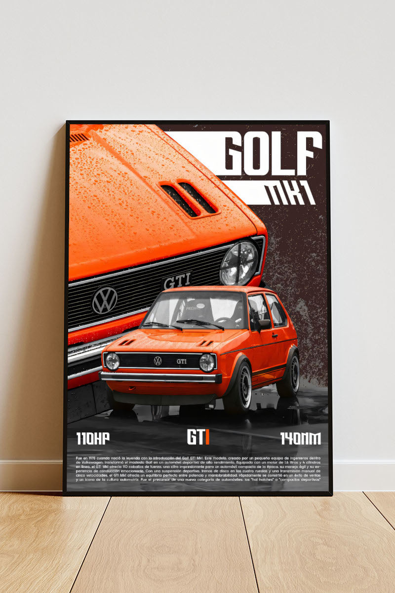 Close-up Poster mit Rahmen von VW Golf MK1 mit überschrift und beschreibung mit regenspritzer in orange grau weiß 